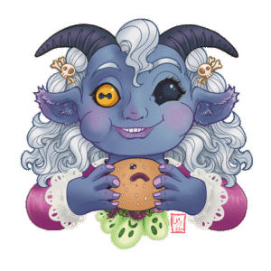 A childlike demon with goat eyes and black horns smiles as they bite into a worm-ridden soul burger
