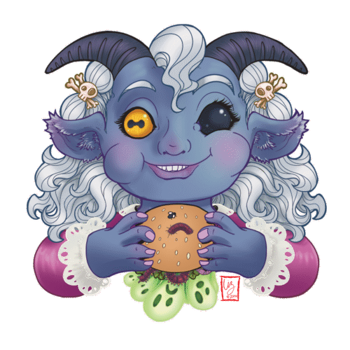 A childlike demon with goat eyes and black horns smiles as they bite into a worm-ridden soul burger