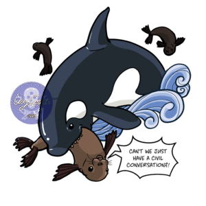 An orca is chomping down on a sea lion that is exclaiming "Can't we all just get along!"
