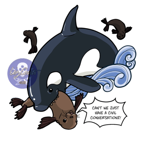 An orca is chomping down on a sea lion that is exclaiming "Can't we all just get along!"