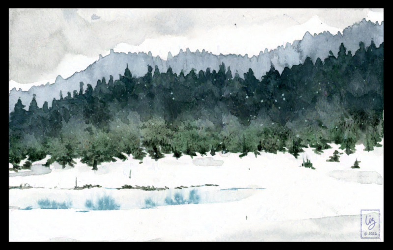 A watercolor landscape painting with a muted pine forest covered in snow.