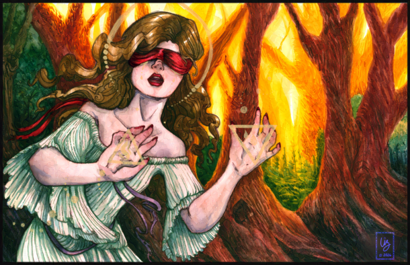 A blindfolded woman holds her hands out in front, mystic symbols shrouding them, while a forest burns behind her