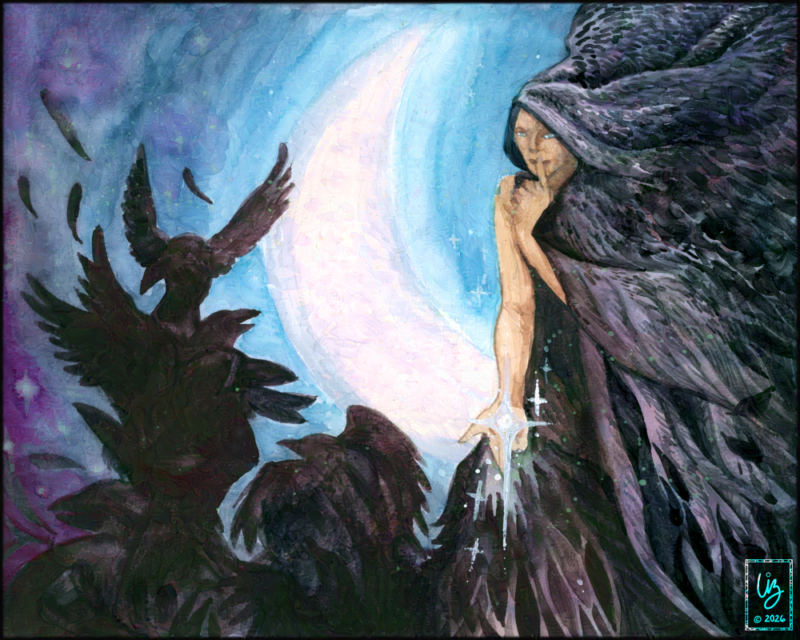 A figure, shrouded in feathers, shadows, and crows, holds up a finger to their lips while the moon glows behind them