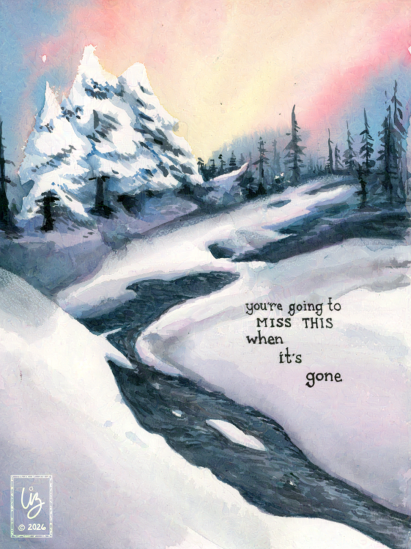 A soft winter landscape in muted grays and blues, with a caption saying "you're going to MISS THIS when it's gone"