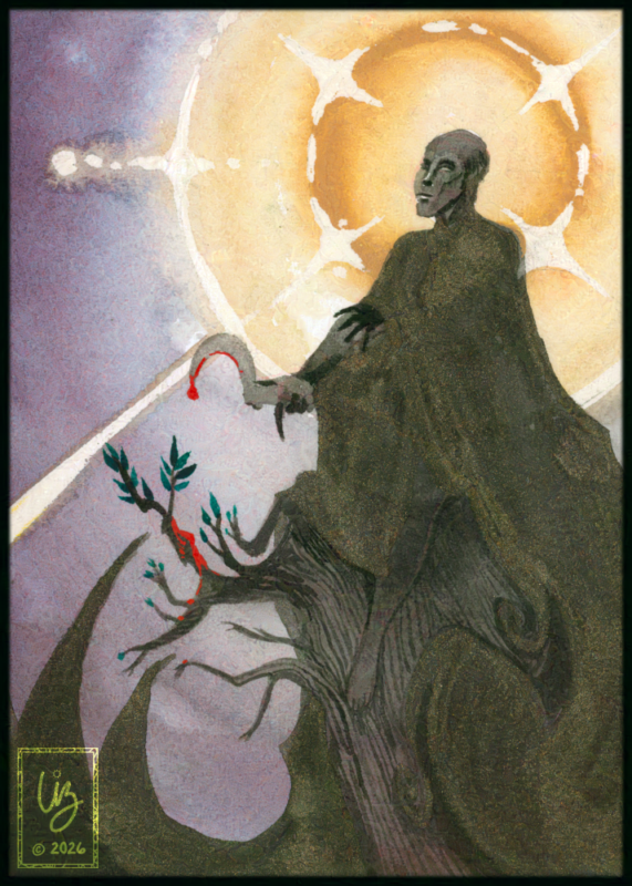 A shrouded figure in black and gold holds out a bloodied sickle that rejuvenates a dead tree