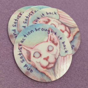S41 A pink-skinned Sphynx cat with "and satisfaction brought it back" written around its head